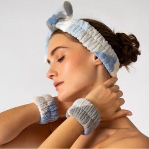 PJ Salvage Spa Makeup Head Wrap & Wristband Set in Blue, White & Cream *BNIP